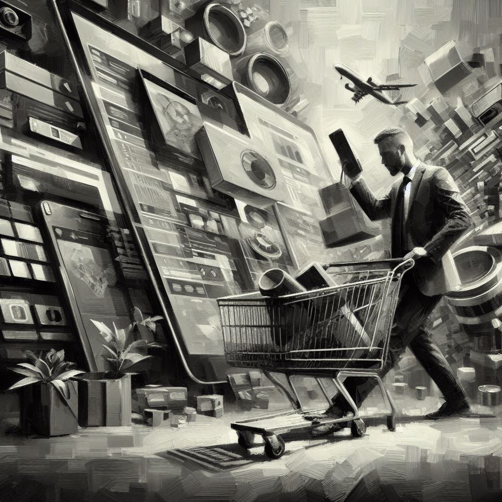 Man shopping online with a backdrop of digital technology.