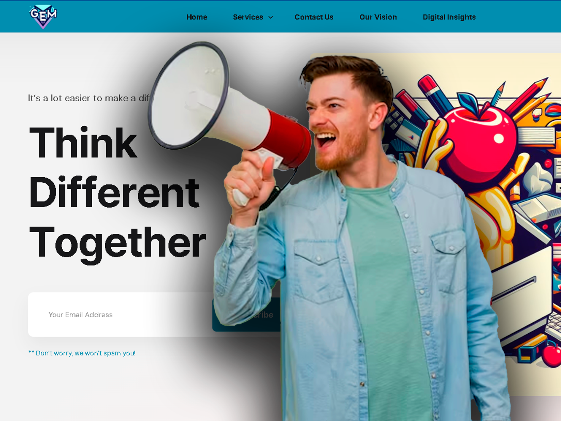 Passionate man with a microphone in front of Gem Web Solution's front page